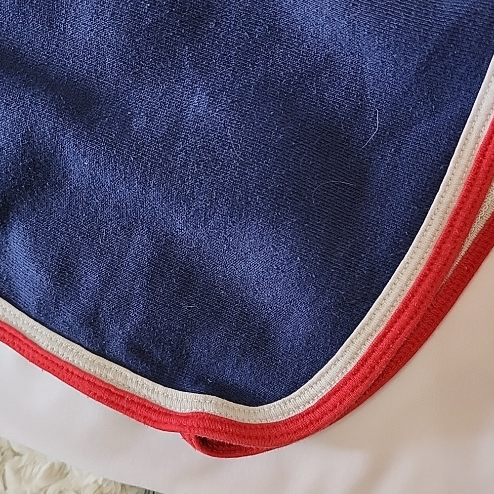 Sporty Navy Blue Women's Shorts with Red and White Stripe Trim - Picture 3 of 4